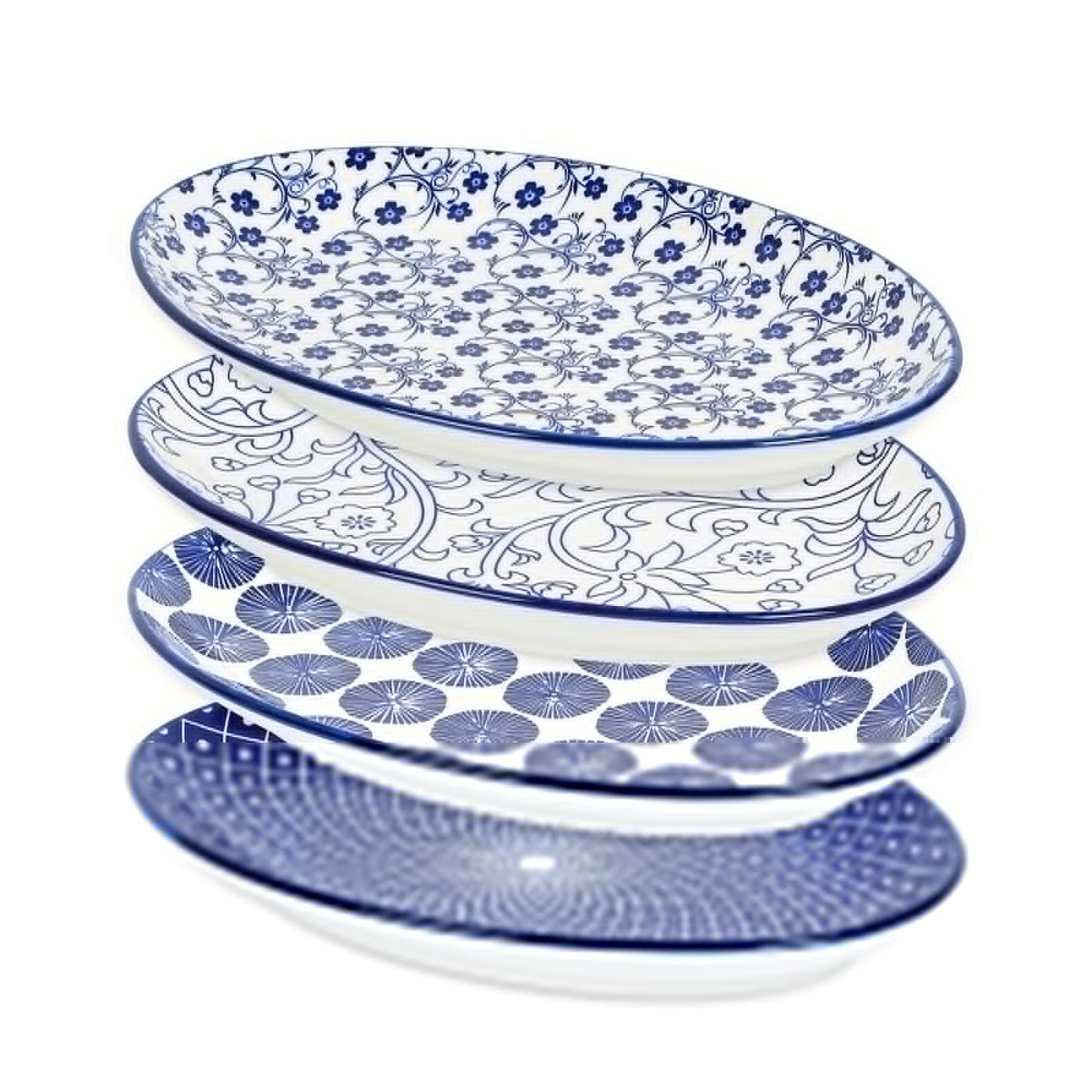Selamica Serving Platters Ceramic, 12 Inch Serving Dishes for Party Entertaining, Oval Serving Plates for Sandwich, Appetizer, Fruit, Microwave Dishwasher Safe, Set of 4, Vintage Blue