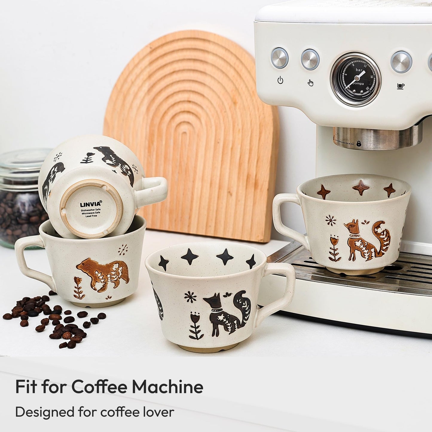 LINVIA Ceramic Coffee Mug, 11 oz Small Novelty Unique Teacup with Handle, Stoneware Cup for Tea Mocha Latte Cappuccino (Set of 4, Fox and Bear)