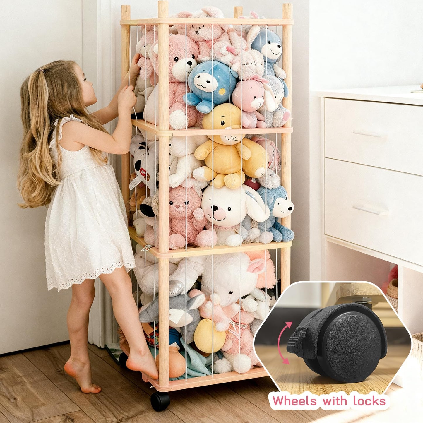 Vercxlyra Stuffed Animal Zoo Storage - Sturdy Solid Wood Toy Organizer with Lockable Wheels, Easy-Assemble/Clean, Large Capacity Plush Toy Cage, Space-Saving for Toddler/Playrooms/Bedrooms