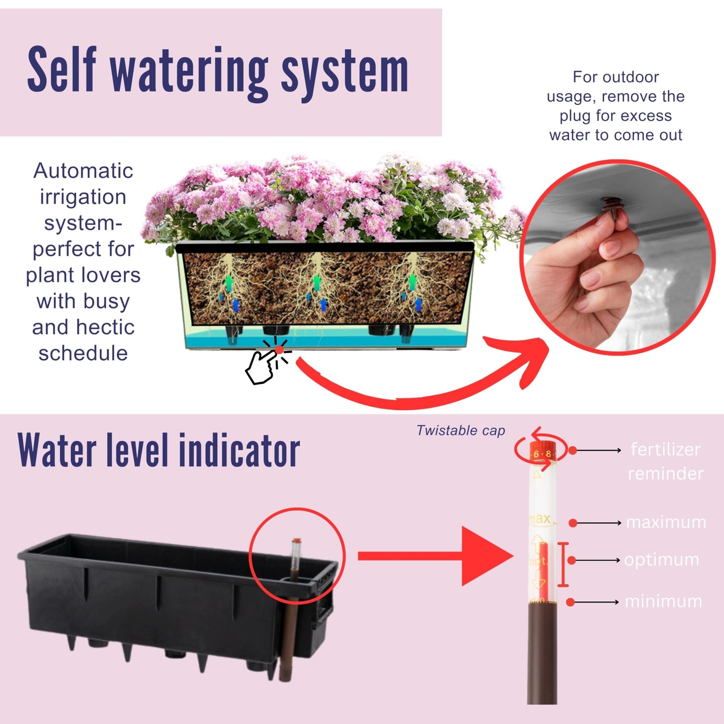 LaLaGreen Window Boxes Planters (20 Inch, 4 Pack) Outdoor Wall Hanging Flower Box with Bracket, Vertical Wall Mounted Self Watering White Rectangular Plant Container Modern Garden Herb Kitchen Indoor