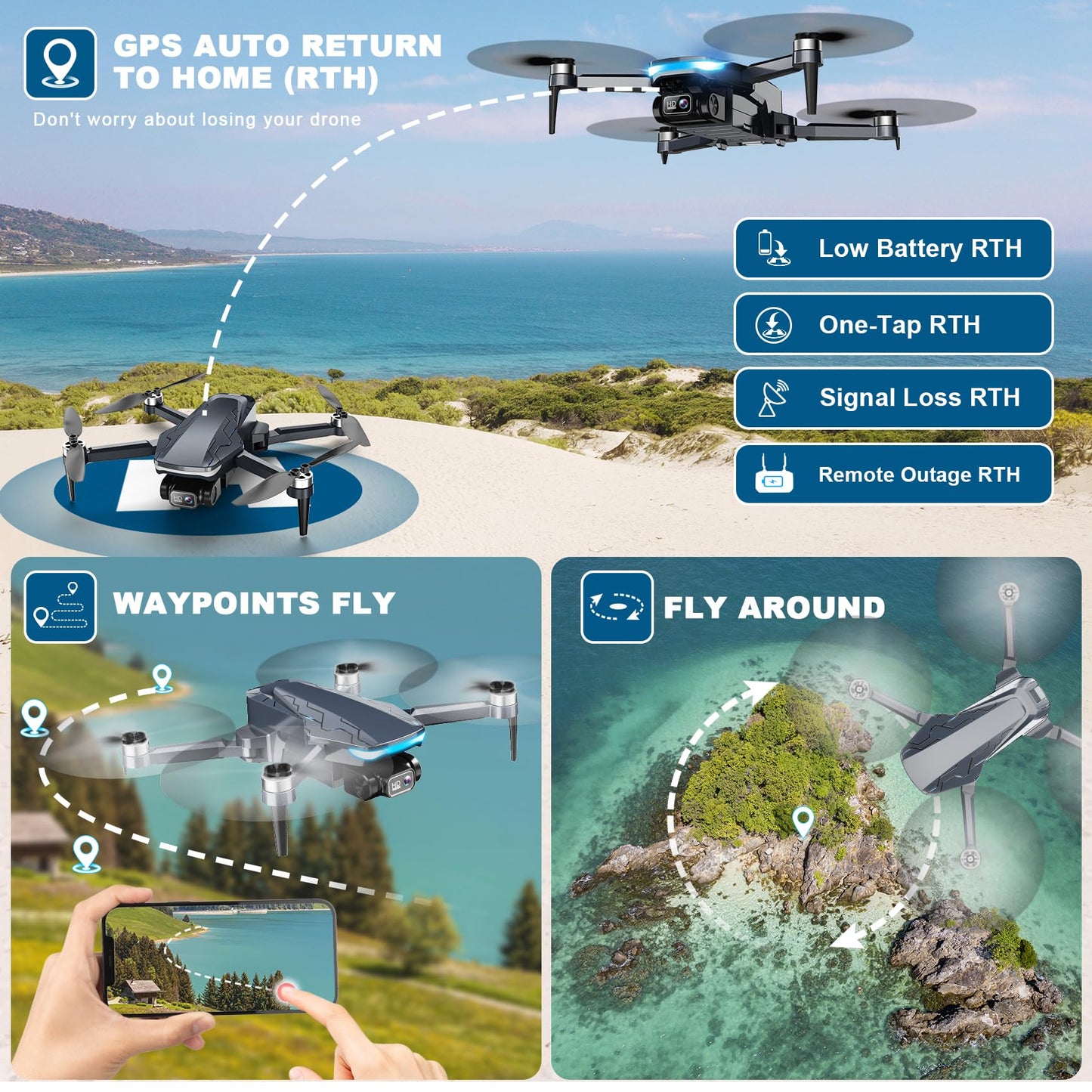 GPS Drone with Camera, 2K HD Drones for Adults, Foldable FPV Drone with GPS Auto Return, Follow Me, Circle Fly, Waypoint Fly, 5G Transmission, Gestures Selfie, Brushless Motor, 2 Batteries, Black