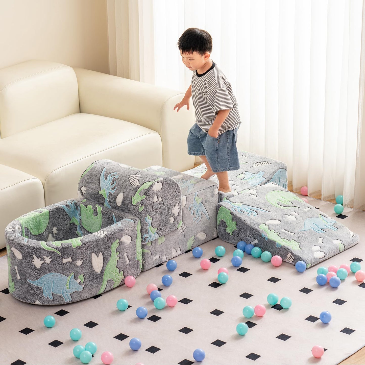 Tiita Baby Climb and Crawl Playset 5-Piece, Kids Foam Climbing Block with Small Ball Pit - Indoor Soft Play Climber for Playtime Fun, Grey Star, Green Dinosaur
