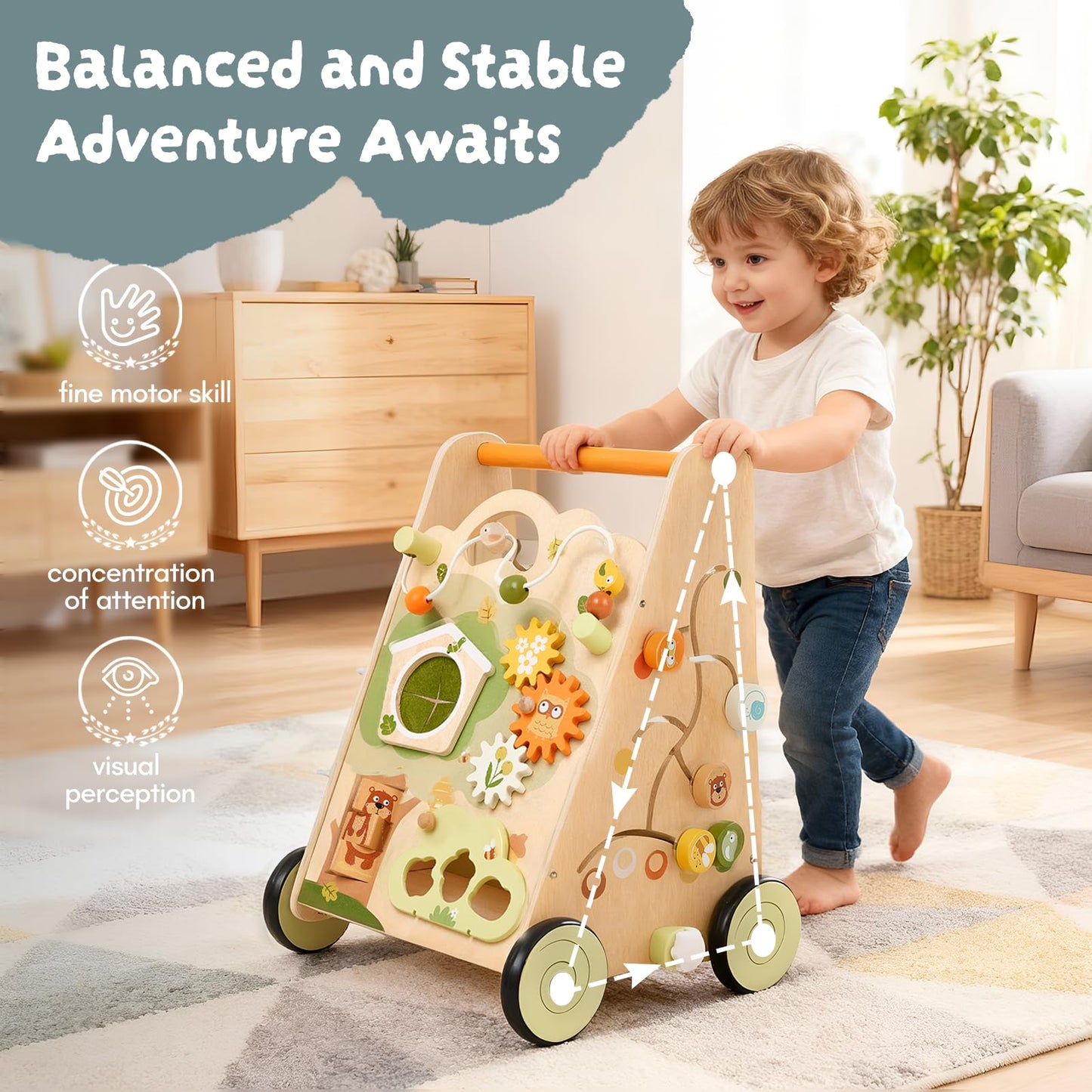 10-in-1 Wooden Baby Walker with Activity Center, Forest Montessori Push Toy for Toddlers 1–3, Bead Maze, Shape Sorter, Gears, Puzzles Fine-Motor Learning, Speed Adjustable Wood Walker for First Steps
