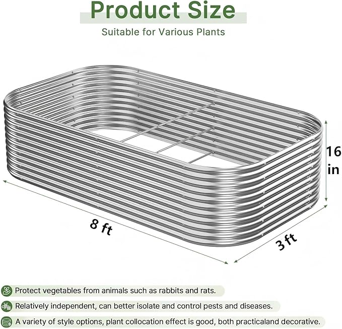 2 PCS Tall 8x3ft Galvanized Raised Garden Bed Outdoor, Metal Garden Bed for Vegetables, Above Ground Garden Box for Flower, Steel Raised Beds for Gardening