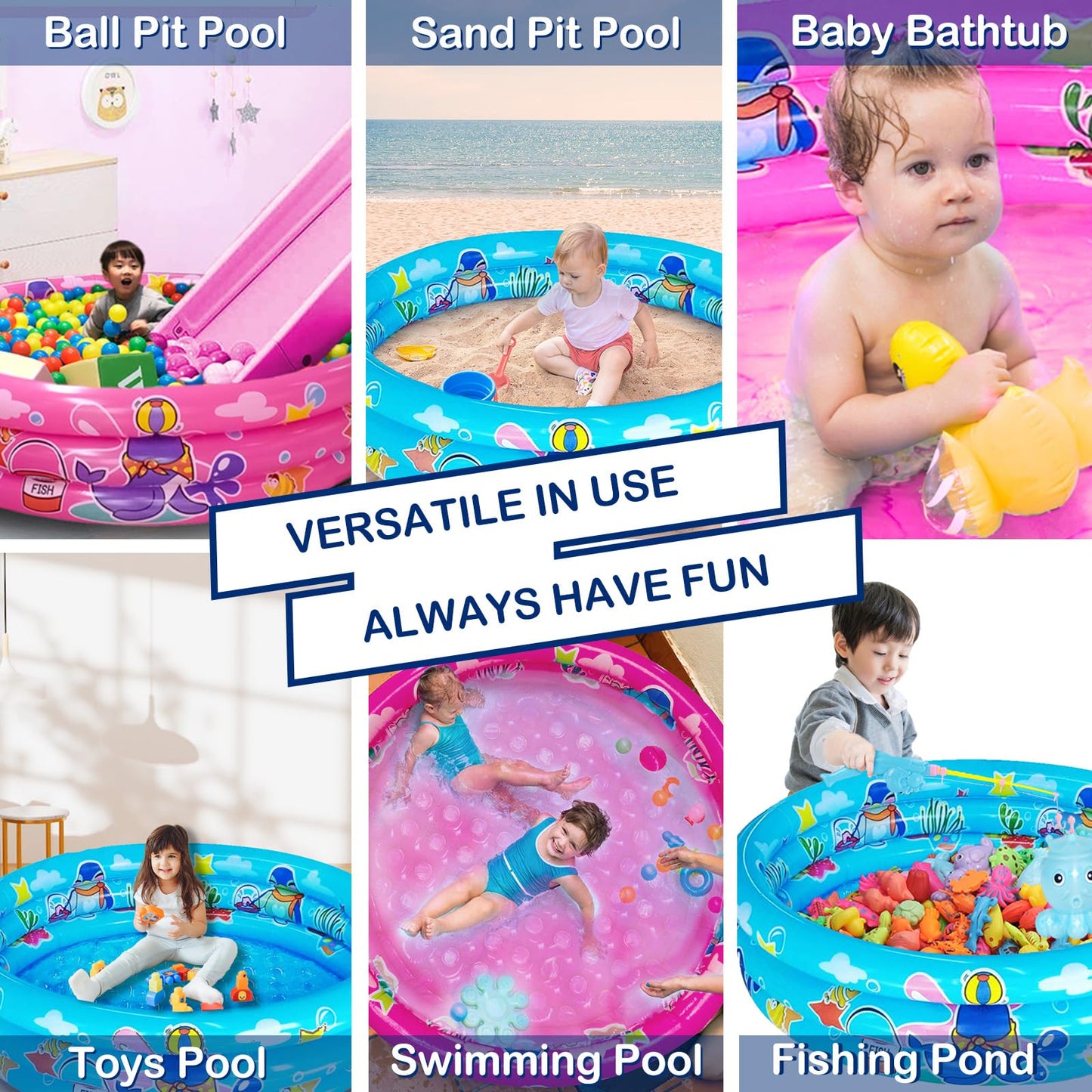 Big Summer 3 Rings Kiddie Pool, 48”X12”, Kids Swimming Pool, Inflatable Baby Ball Pit Pool, Small Infant Pool (Pink)