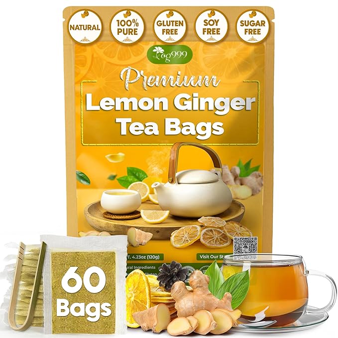 TOG999, Premium Lemon Ginger Tea Bags | 60 Tea Bags | Refreshing Herbal Blend with Bright Citrus & Warming Ginger | Naturally Caffeine-Free | 100% Plant-Based, Sustainably Sourced Herbal Tea