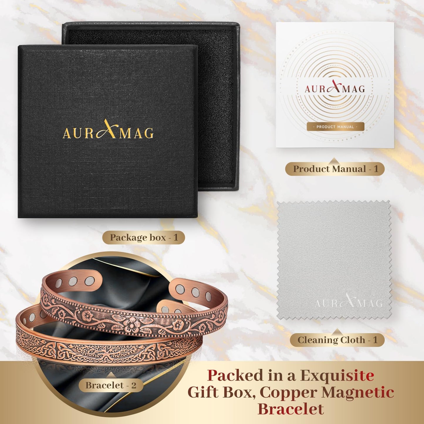 Auramag Copper Bangle for Women, Magnetic Cuff Bangle with 3500 Gauss Magnets, 100% Pure Copper Jewelry with Gift Box(Set of 2)