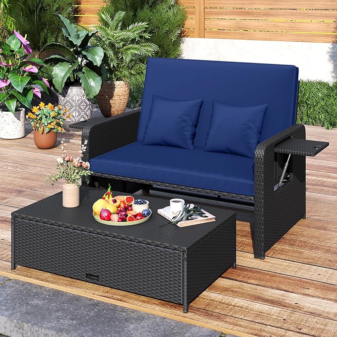 HAPPYGRILL Patio Rattan Wicker Daybed with Loveseat & Storage Ottoman, Outdoor Lounge Sofa Furniture Set with Adjustable Backrest & Side Trays, for Poolside Deck Porch Lawn (Black & Navy)
