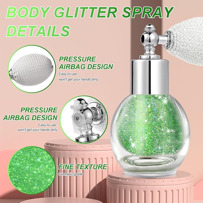 Highlighter Powder Spray, Longwear Glitter Spray for Body, Face, Hair, Shimmer Powder High Gloss Loose Powder Makeup Mist for Festive Party, Stage Shows, Nightclubs, Bar(Green)