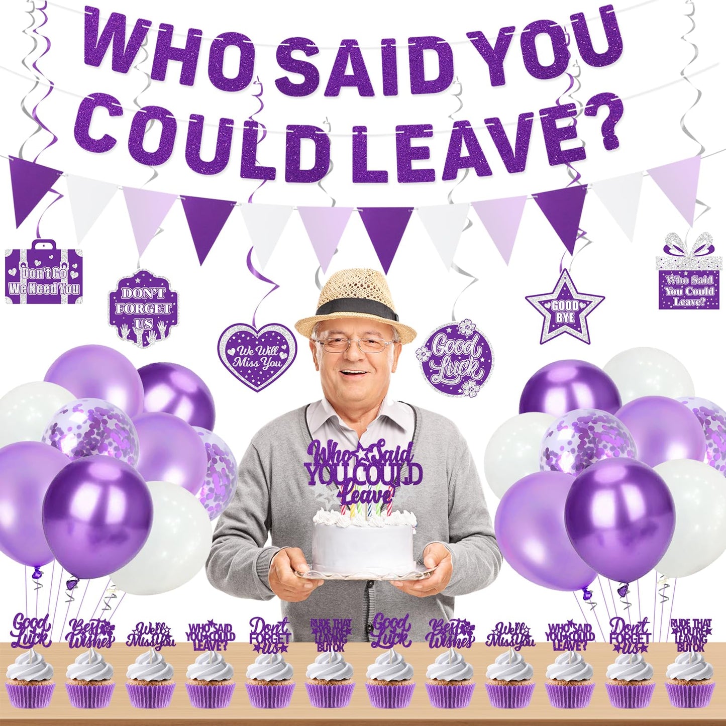 Roetyce Farewell Party Decorations, Purple Silver Who Said You Could Leave Banner Cake Toppers Balloons Hanging Swirls, Going Away Retirement Leaving Party Decorations, Coworker Goodbye Party Supplies