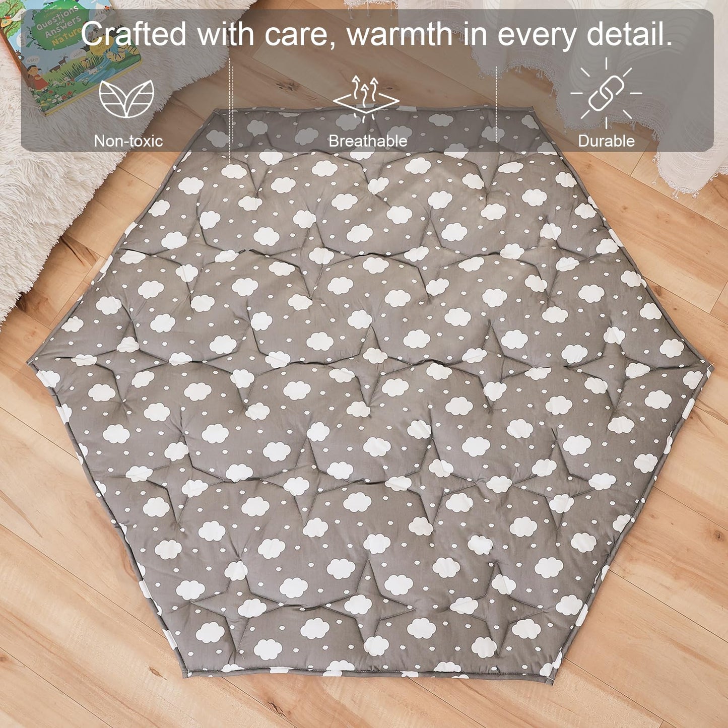 Hexagon Baby Play Mat for Floor,51"×59" Thicken Ultra Soft Playmat, Washable 6 Panel Playpen Mat Non-Slip Crawling Mat for Babies Floor Tummy time(Cloud)