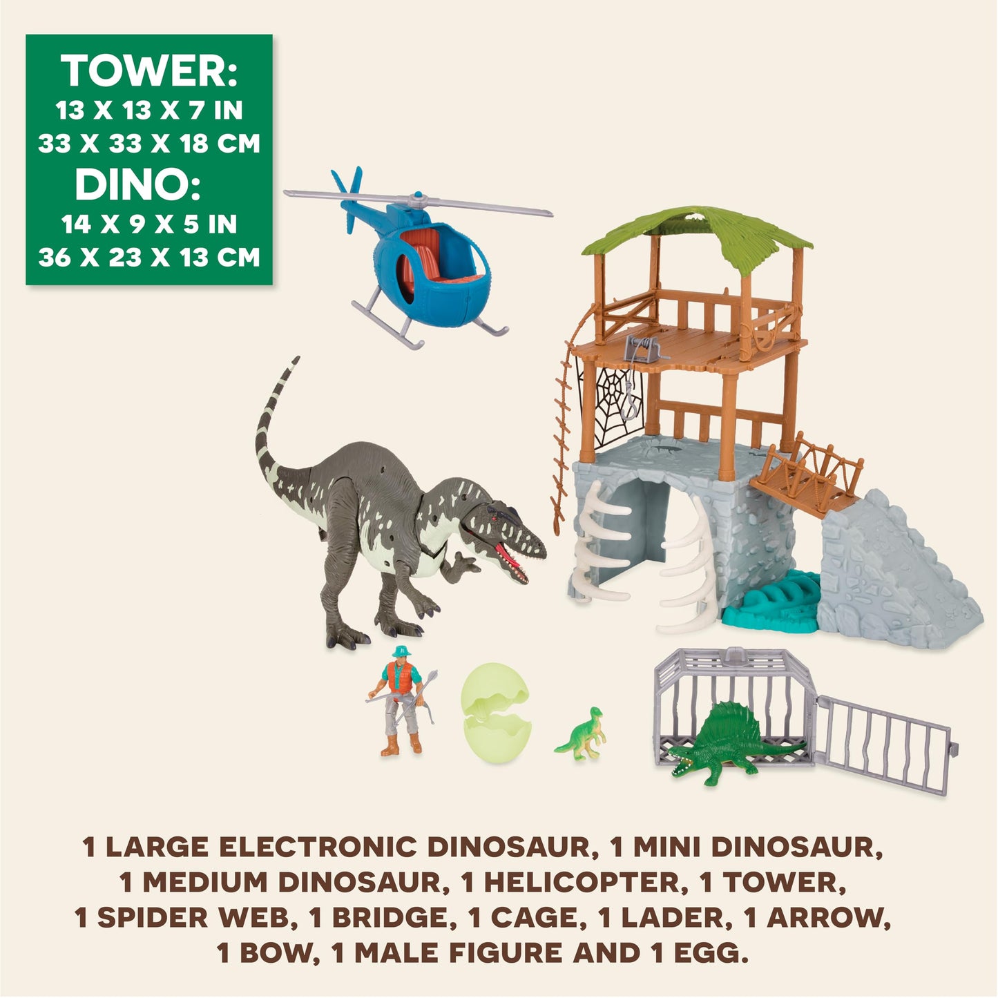 Terra by Battat – 13 Pieces Jungle Expedition Big Playset – Electronic Dinosaur with Light– Up Eyes – Movable Roaring Acrocanthosaurus & Helicopter with 2 Surprise Dinosaur Toys for 3+ Years