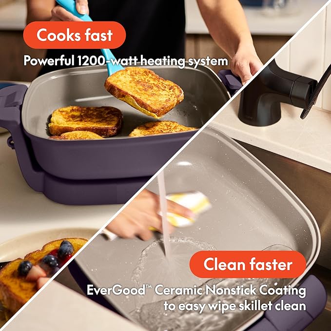 bella Make & Take Electric Skillet, Fits-anywhere™ kitchenware, EverGood™ Ceramic Coating, Adjustable Temperature & Dishwasher-Safe Tempered Glass Lid, Cast Aluminum Base, 1200 Watt, Plum