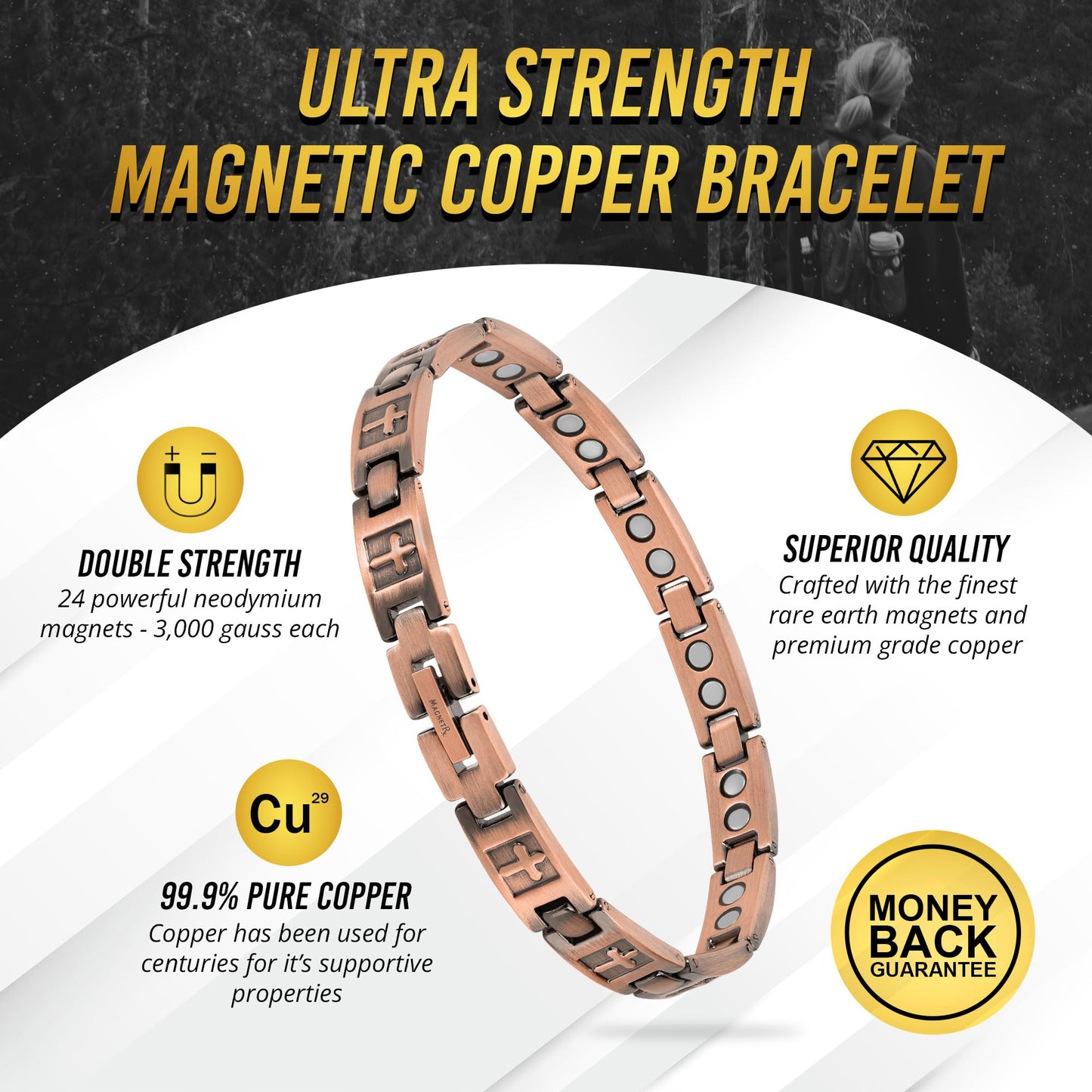 MagnetRX Copper Cross Bracelets for Women – Effective Magnetic Womens Bracelet with Cross – Adjustable Bracelet with Included Sizing Tool (Cross Style)