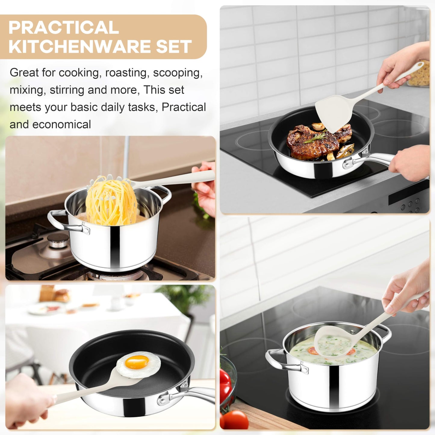 TeamFar 8 PCS Silicone Cooking Utensils - 446°F Heat Resistant Kitchen Silicon Utensils Set, Turner, Spatula, Spoon, Whisk, Kitchen Cooking Gadgets Tools for Nonstick Cookware, Dishwasher Safe-White