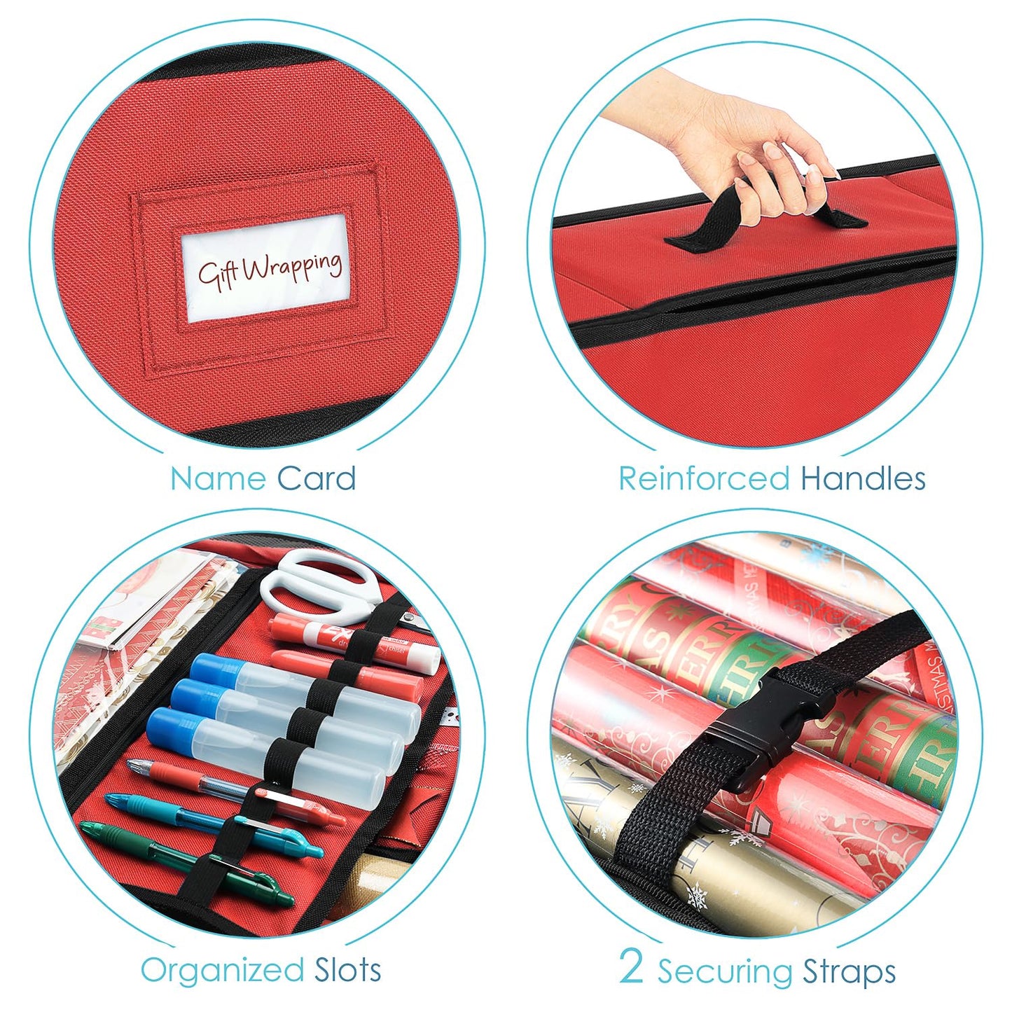 Hearth & Harbor Wrapping Paper Storage Container - Christmas Storage Bag with Ribbon Dispenser and Interior Pockets - Gift Wrap Organizer Fits Up to 26 Rolls of 40" Length, Red