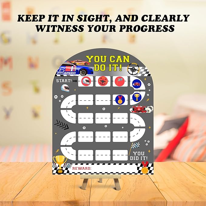 Race Car Reward Chart, Behavior Chart for Kids at Home, Wooden Incentive Chart Signboard with 24 Tokens, Truck Themed Sticker Charts Classroom Essentials -06