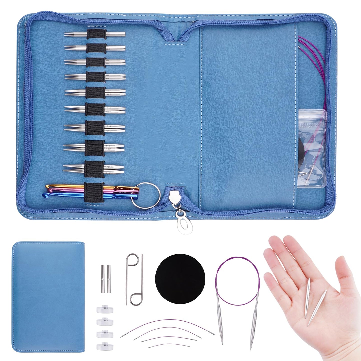 WAZAIGUR Short Interchangeable Circular Knitting Needles Set, 2-Inch Lace Circular Knitting Needles Set, Small Sizes 2.2mm, 2.5mm, 2.75mm, 3.0mm, 3.25mm, 3.5mm, 3.75mm, 4.0mm, 4.5mm, 4 Cables, 9 Pairs