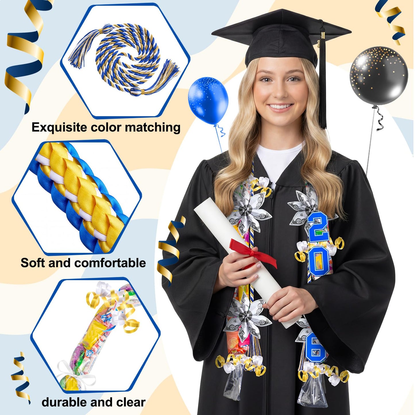 Spakon 13 Pcs Graduation Leis 2026 Graduation Candy Lei Kit Class of 2026 Ribbon Double Lei Necklace Party Accessories(Blue,White,Gold)