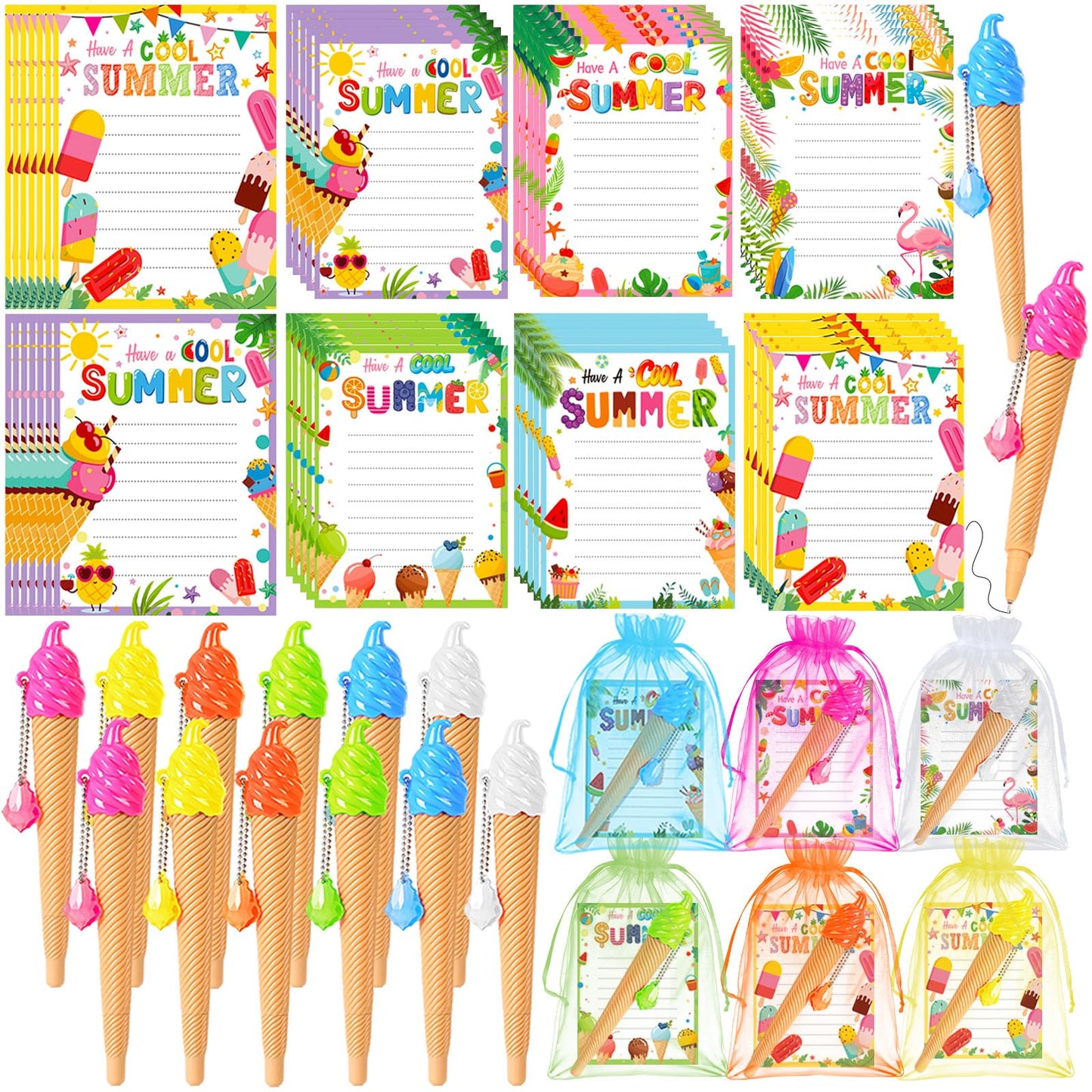 SZCECHRE 36 Pack School End Of Year Surprise Gift Sets, Ice Cream Pens Summer Sticky Notes Kit with Gift Bags & Ribbon for Pool Beach Birthday Class Parties & Student Gifts