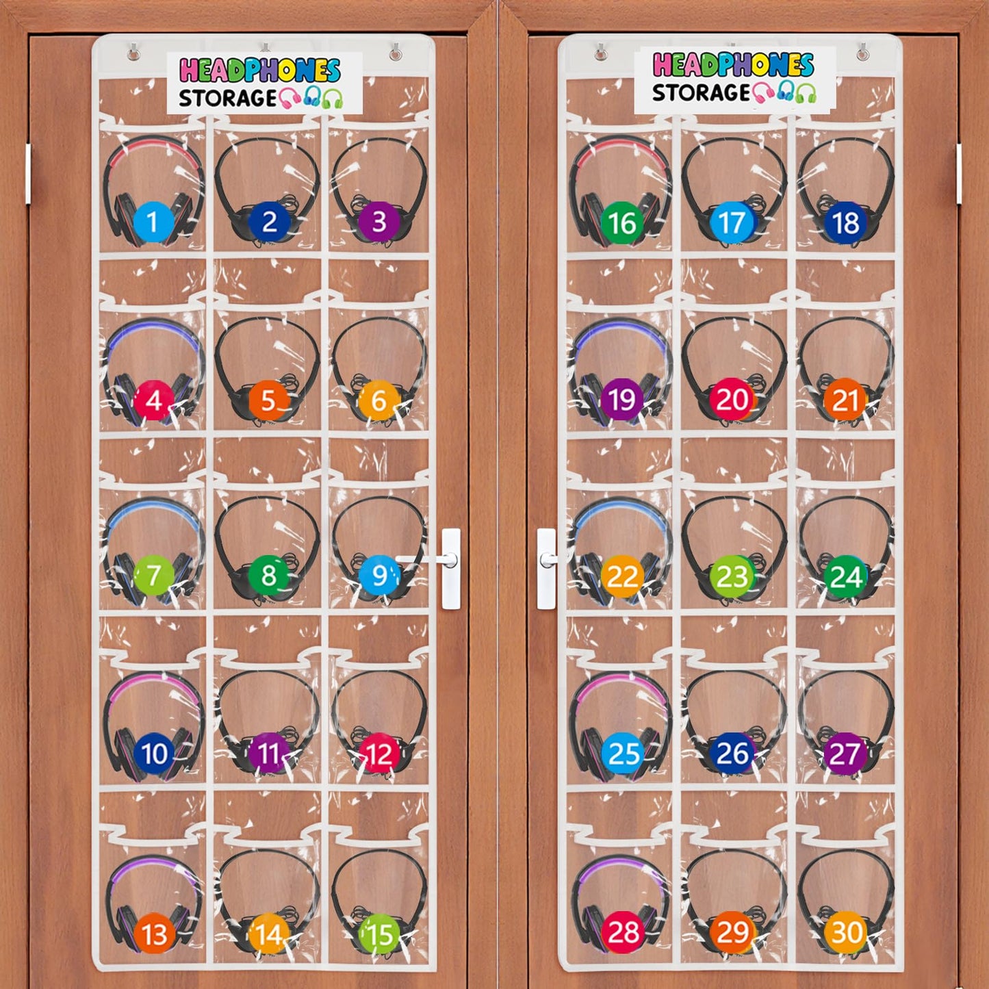 Olpchee 2 Pack Classroom Headphone Storage Organizer with 30 Pockets, PVC Clear Classroom Pocket Chart for Headphone Cell Phone Over-the-Door Hanging Headphone Holder Bag with 62 Labels(White)