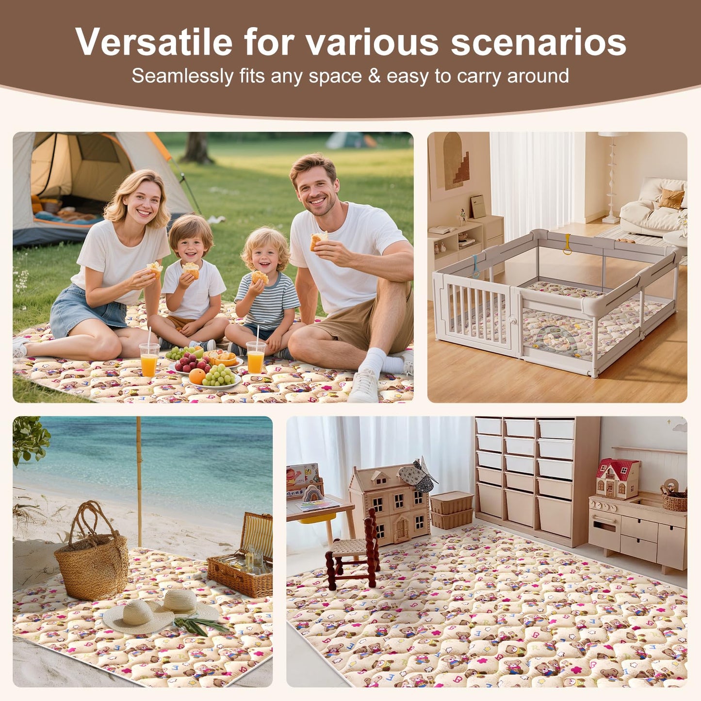 Baby Play Mat - 72" X 48",Premium Thicker Foam One-Piece Machine Washable, Extra Large Anti-Slip Soft Cushioning Foam Playmats for Babies and Toddlers, Foldable Baby Crawling Mat for Playpen