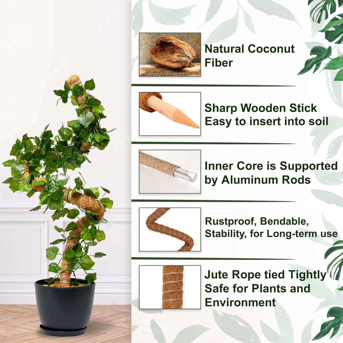 2-Pack 48'' Bendable Moss Poles for Monstera & Climbing Plants – Flexible Trellis Plant Support Stakes with Accessories – Indoor & Outdoor Use
