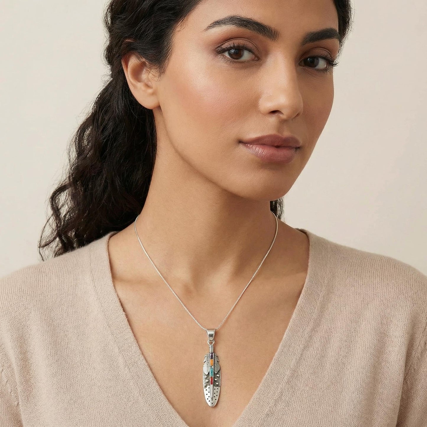 925 Sterling Silver Gemstone & Turquoise Feather Necklace (Pendant & 24" Chain) (Multi-00)