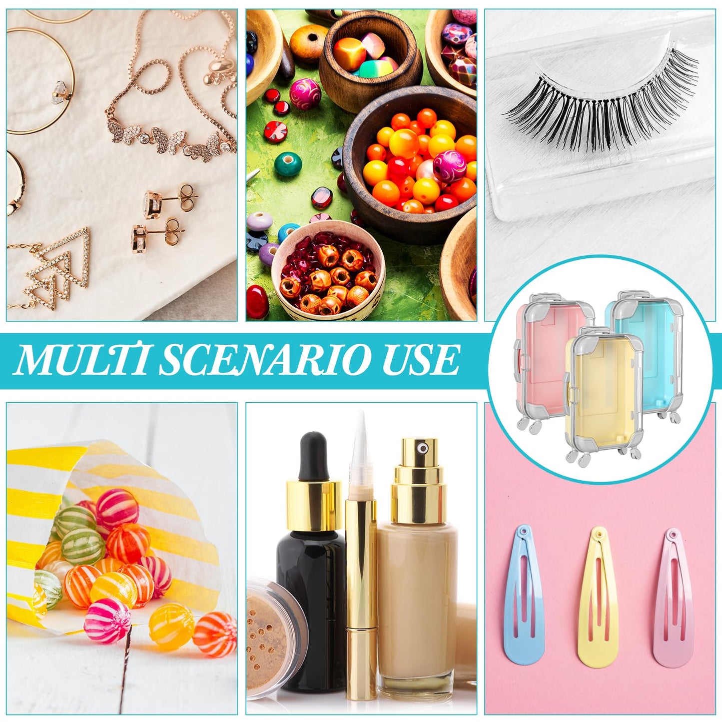 Honeydak 3 Pcs Mini Plastic Suitcase False Eyelashes Tray Luggage Trolley Candy Box Clear Suitcase Packaging Case Party Favor Box for Jewelry Cosmetic Hairpins Storage (Pastel Color,7 x 3.7 x 2 Inch)