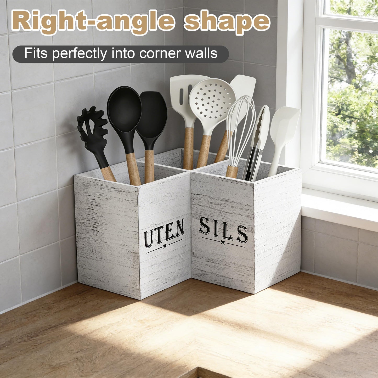 DTXIAQIAO Extra Large Kitchen Utensil Holder for Countertop, Three Compartment Wooden Utensil Holder Farmhouse Decor Perfect for Storing Spatulas and Cooking Tools