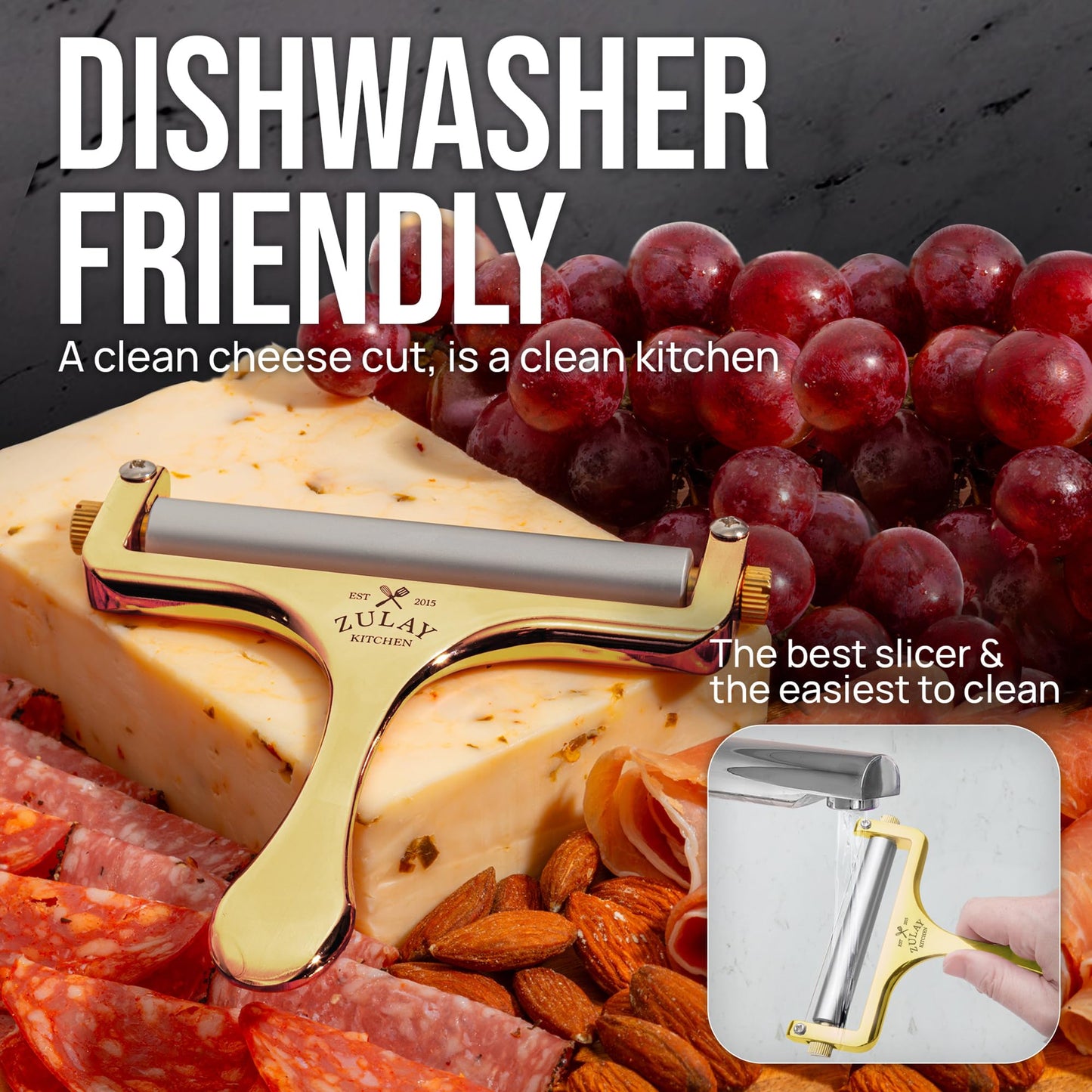 Zulay Kitchen Cheese Slicer With Adjustable Thickness – Heavy Duty Block Slicer with 2 Extra Wires – Ideal for Mozzarella, Cheddar, Gouda - Gold