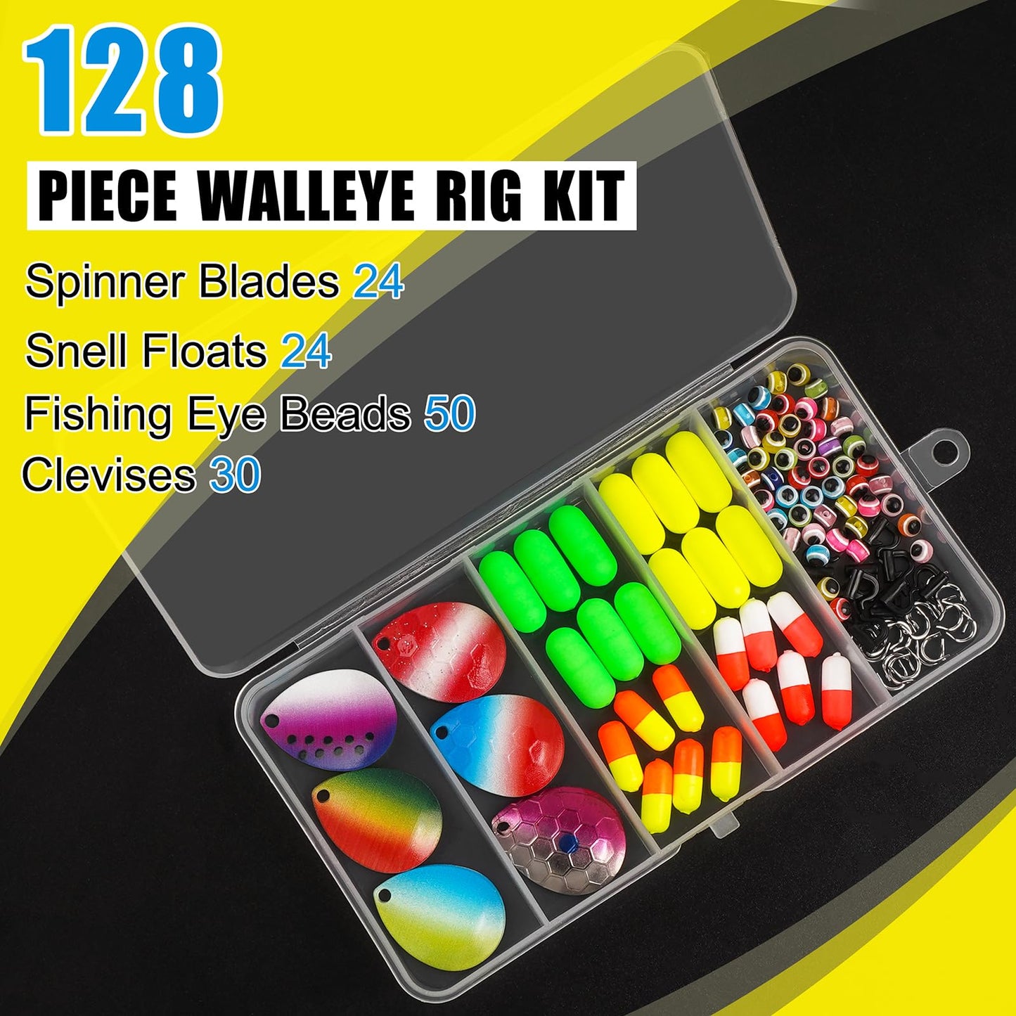 Walleye Rigs Fishing Lure Making Kit, 128pcs Includes Colorado Blades, Floats, Hooks, Swivels, Beads & Mono Line - DIY Walleye, Kokanee, Trolling Rigs