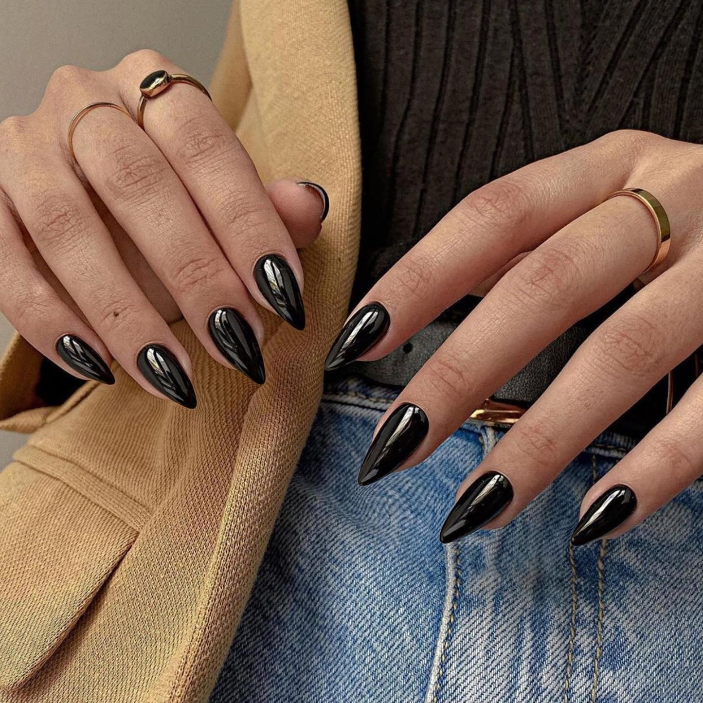 KQueenest All Black Press on Nails Medium Almond Stiletto, Pure Color Acrylic Nails Reusable Fake Nails Press on Feature Protective UV Coating, Short Almond Nails for Women Gift in 24 Pcs