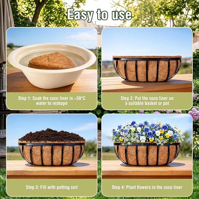 4 Pcs 24 Inch Trough Coco Liner for Window Box, 100% Natural Half Moon Coconut Coir Planter, Replaceable Coconut Fiber Liner for Window Boxes & Fence Flower Baskets (4, 24 inch)