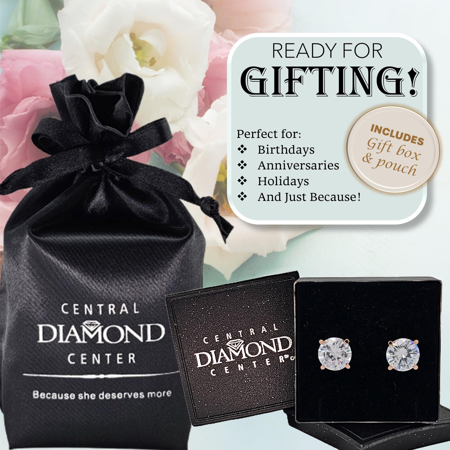 Central Diamond Center 14K Solid Gold Post & Sterling Silver 4 Prong CZ Stud Earrings - Rose Gold Plated - 9.00mm - 6.00cttw