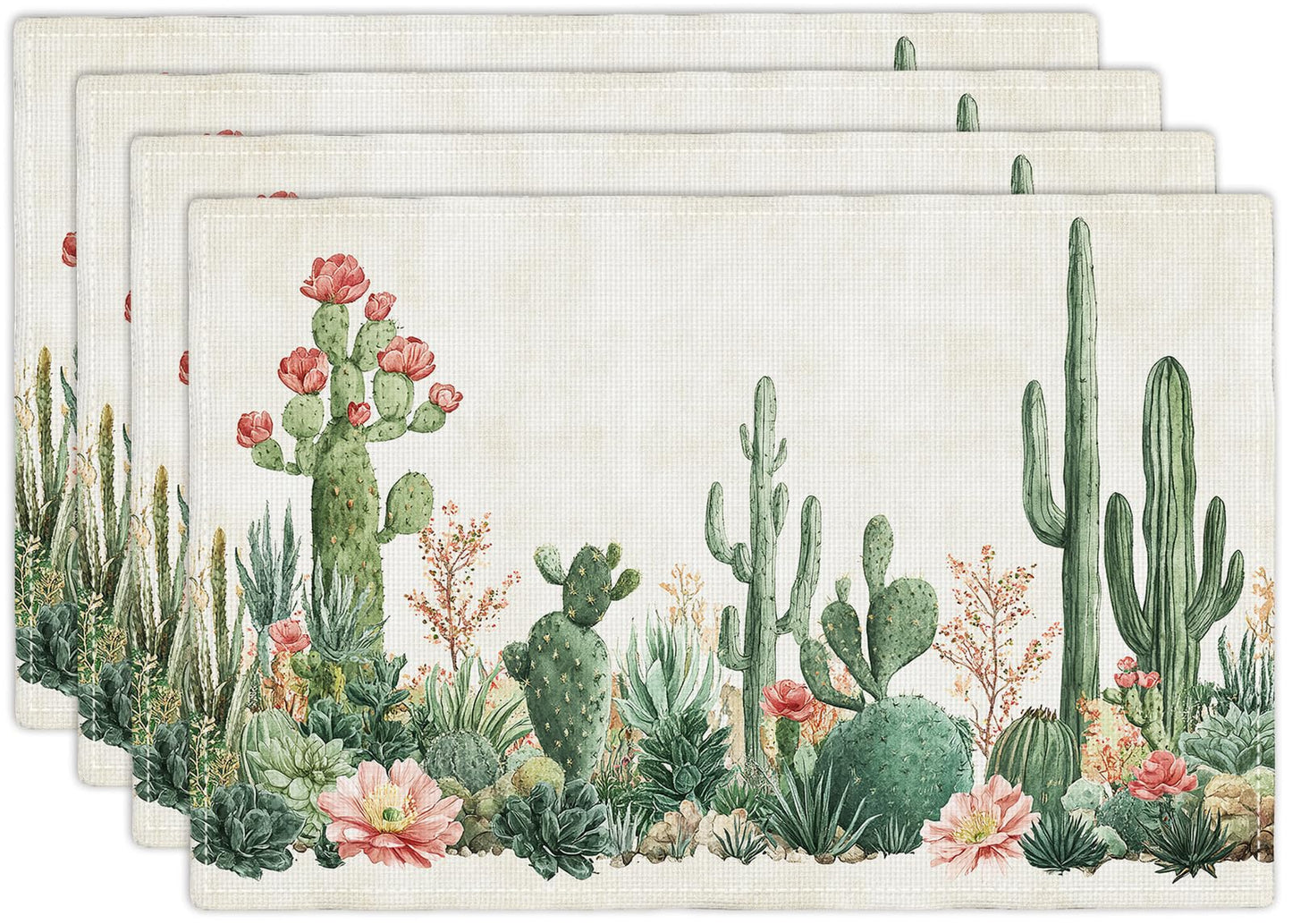 Cute Cactus Placemats Set of 4, Western Succulent Place Mats, Rustic Summer Plant Dining Table Mats, Washable Placemats for Kitchen Dining Room 18L'' × 12W''