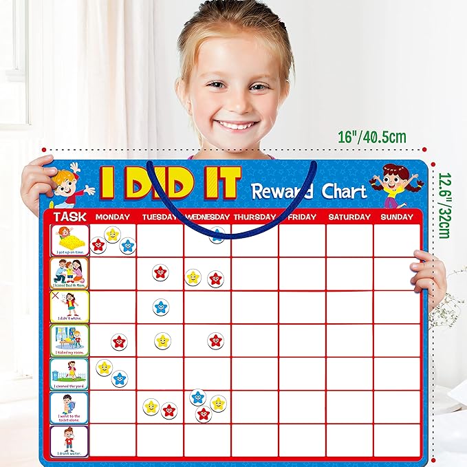 Magnetic Reward Chart, Dry Erase Kids Behavior Responsibility Task Board-84 Chores (Including 7 Blanks), 272 Magnetic Stars, 8 Markers & 3 Name Cards-Good Behavior Daily Routine to Motivate Kids