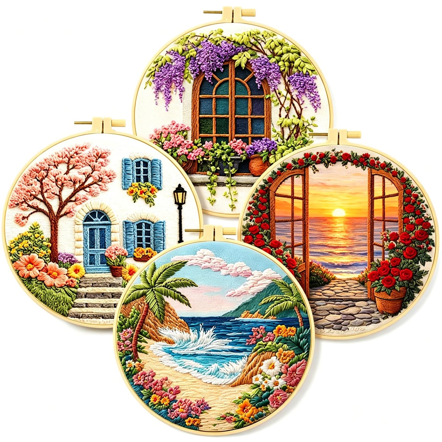 Zhenqing 4 Landscape Scenes Embroidery Kit for Beginners, 4-Pack Circular Designs with 20cm Hoop, Pre-Printed 29x29cm Cotton Fabric & Threads for Home Decor (JC0038)