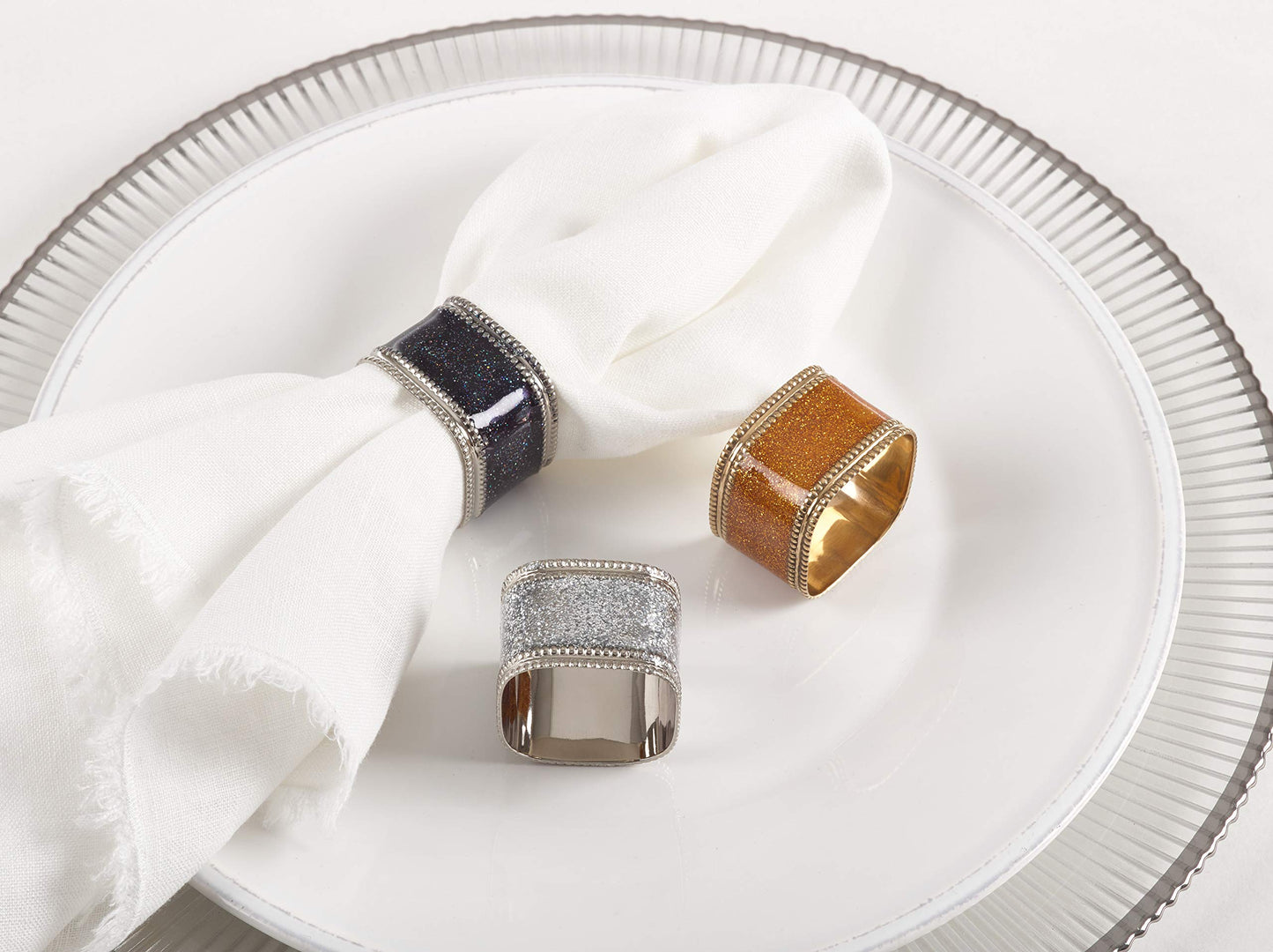 SARO LIFESTYLE Collection Sparkling Square Design Napkin Rings (Set of 4), 1.5" x 1", Black 4 Pieces