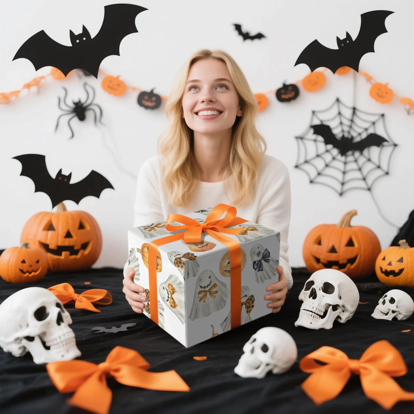 LeZakaa Halloween Wrapping Paper Roll 13" Gift Bag with Tissue Paper, Gift Tag, and Card, Evil Pumpkin Fluorescent Black Design