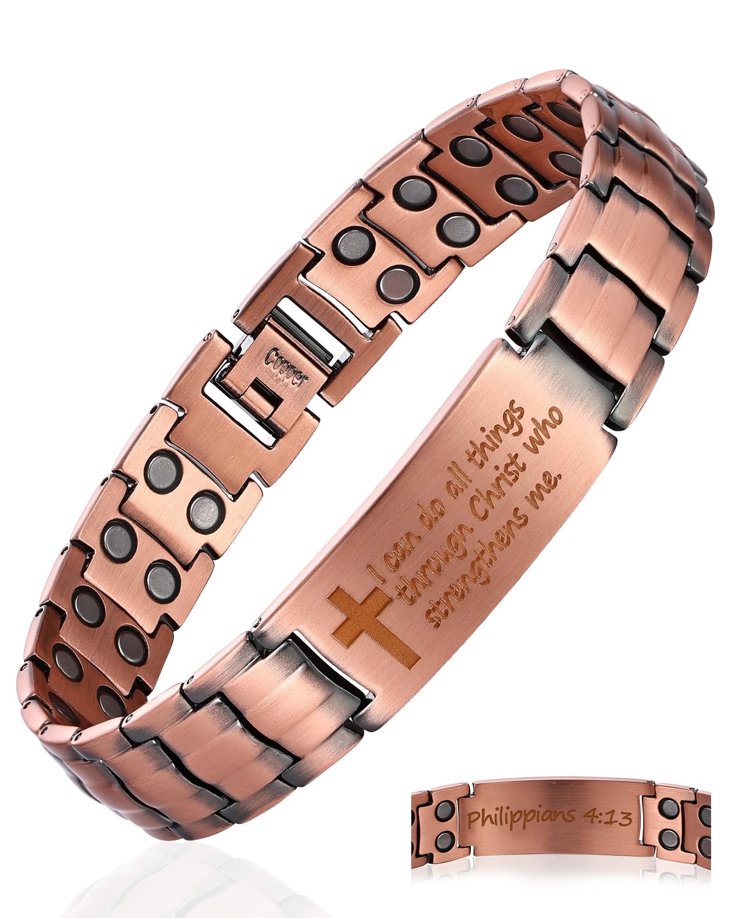 Fashtour Copper Cross Bracelet for Men - Ultra Strength Magnetic Mens Cross Jewelry Set - Adjustable Magnetic Bracelet with Sizing Tool Jewelry Box(Copper&Philip 4:13)