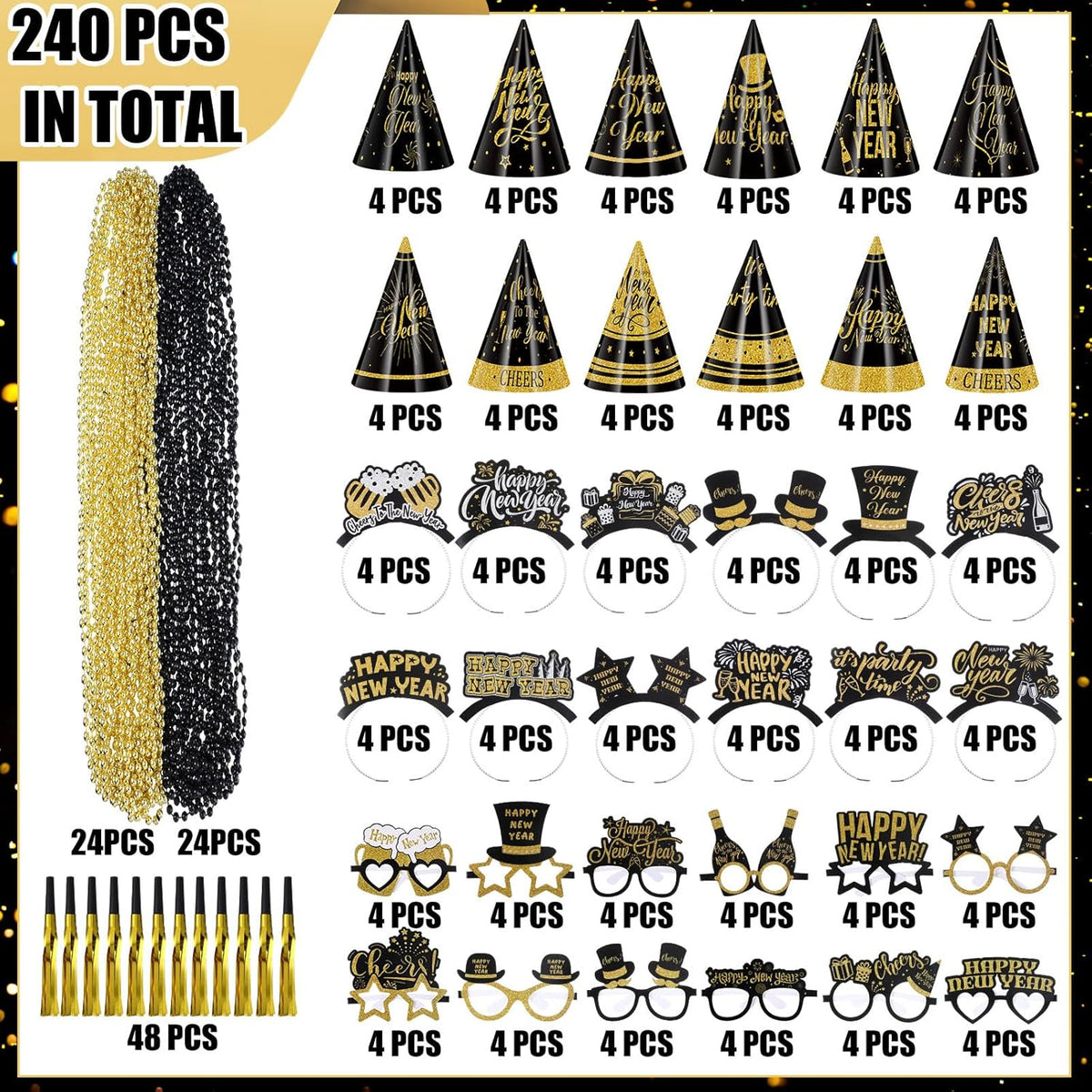 240 Pcs 2026 New Years Eve Party Favor Supplies for 48 Pcs Guest Happy New Year Glasses Paper Headband Cone Hat Fringed Noisemaker Black Gold Bead Necklace for Newyear Christmas Party Decor