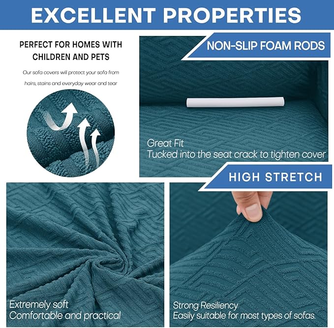 XINEAGE New 1 Piece Couch Covers for 2 Cushion (55"-69") Stretch Loveseat Sofa Cover Slipcover Jacquard Universal Furniture Protector with Elastic Bottom for Kids,Dog (Loveseat, Peacock Blue)