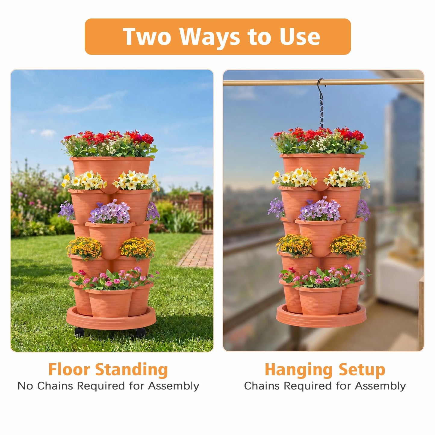 VECELO 5 Tier Vertical Garden Planter, Self Watering Stackable Planters with Wheels for Strawberries, Herbs, Flowers, Vegetables, Red