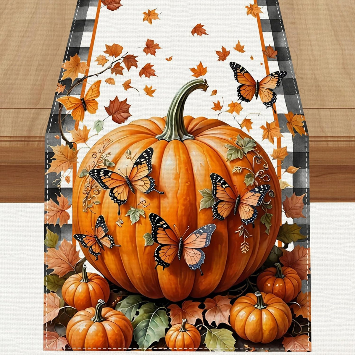 Linen Black and White Buffalo Check Plaid Fall Table Runner 108 Inches Long, Fall Leaves Pumpkin Butterfly Home Kitchen Table Decor, Farmhouse Autumn Thanksgiving Harvest Festival Decorations for Home