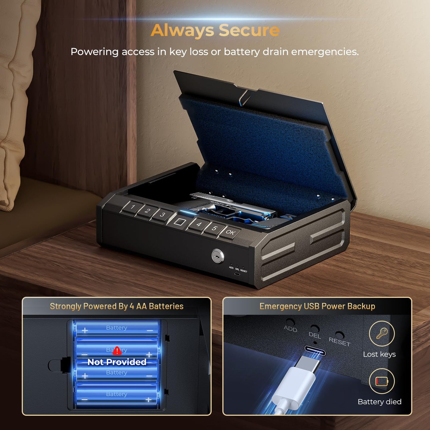 ONNAIS Iron PRO Biometric Fingerprint Gun Safe for Handgun, Swift Entry Gun Lock Box Featuring with Interior Light and Emergency Power Supply, Pistol Safes for Home, Nightstand, Bedside, and Car, Gift