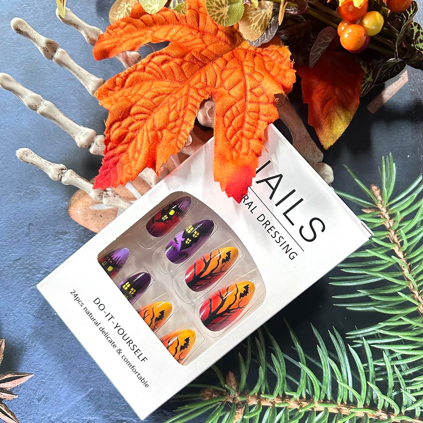 24Pcs Halloween Press on Nails Medium Bat Castle Pattern Design Halloween Nail Full Cover Glossy Artificial Acrylic False Nail French Almond Tip Medium Glue on Nails for Women Festival Decoration