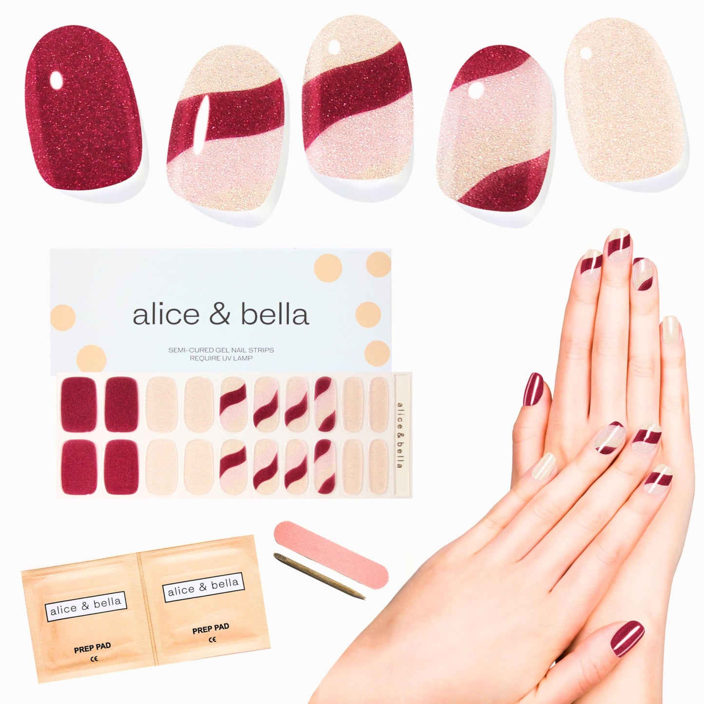 ALICE & BELLA Valentine Day Semi Cured Gel Nail Strips-20 PCS Rose Red with Gold & Dark Red Glitter Gel Stickers, Use with UV Light Lamp, Salon Quality Manicure Wraps(Rose Velvet)