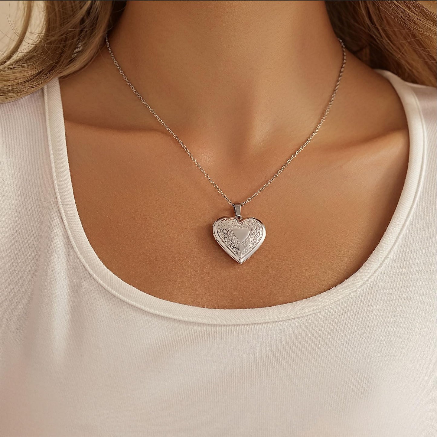PHOCKSIN Silver Heart Locket Necklace Flower Engraved Personalized Love Heart Necklace that Holds Pictures Customized Gifts Locket Necklaces for Women