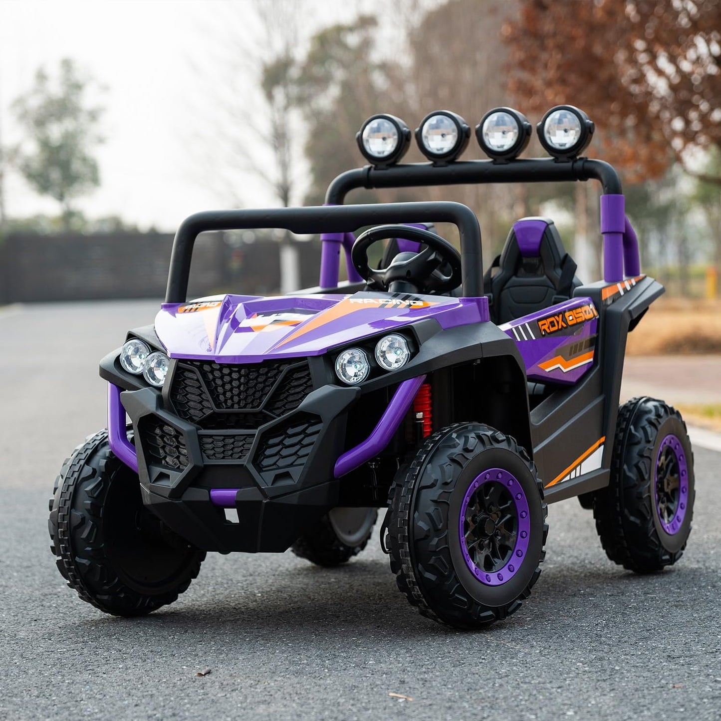24V 2-Seater Kids Ride-On UTV, 4WD Electric Car with Parent Remote Control, 4x200W Motor, LED Headlights & Searchlights, Bluetooth Music, Spring Suspension, 3-Speed Off-Road Toy Gift, Purple